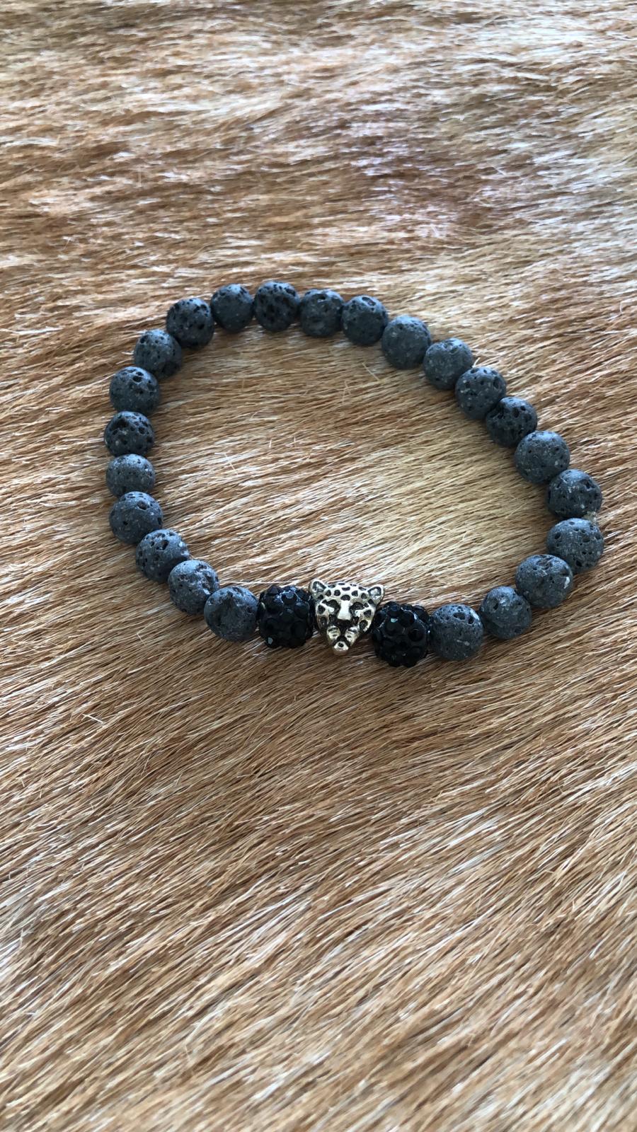 Heren armband lavasteen grijs/panter