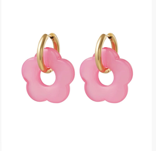 Creolen oorbel goudkleurig flower pink