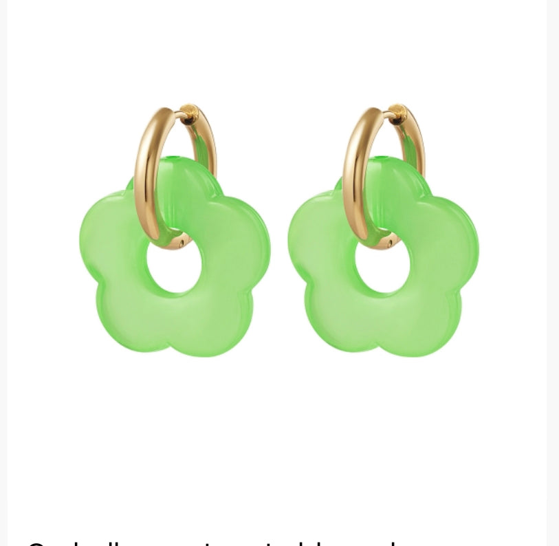 Creolen oorbel goudkleurig flower mintgroen